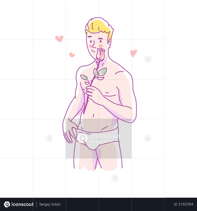 Joven desnudo sosteniendo una rosa en la mano y felicita el Día de la Mujer  Ilustración