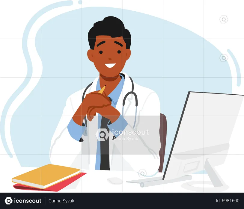 Doctor joven sentado en el escritorio  Ilustración