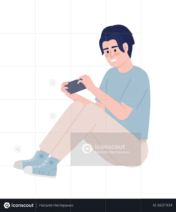 Un joven emocionado con una consola de juegos portátil  Ilustración