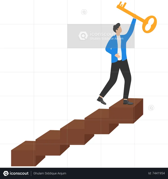 El joven empresario ganador sube a la cima de la escalera levantando la llave dorada del éxito hacia el cielo  Ilustración