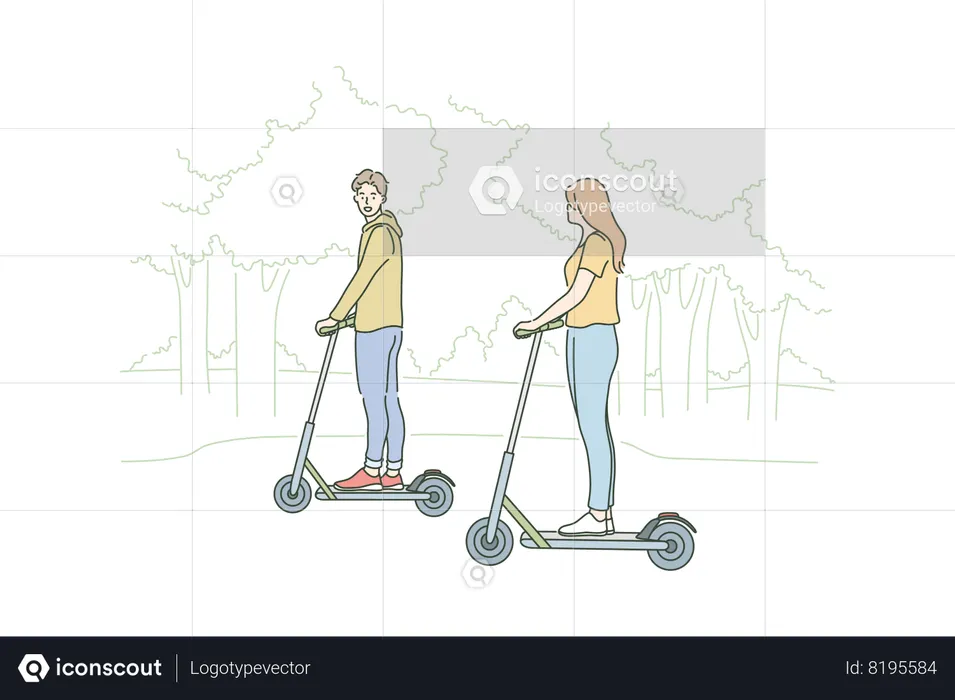 Joven pareja feliz enamorada monta scooter eléctrico en el parque juntos  Ilustración