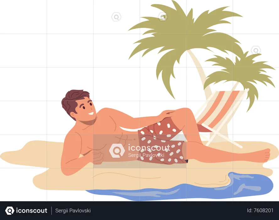 Joven feliz tomando el sol en el resort de playa de mar tropical  Ilustración