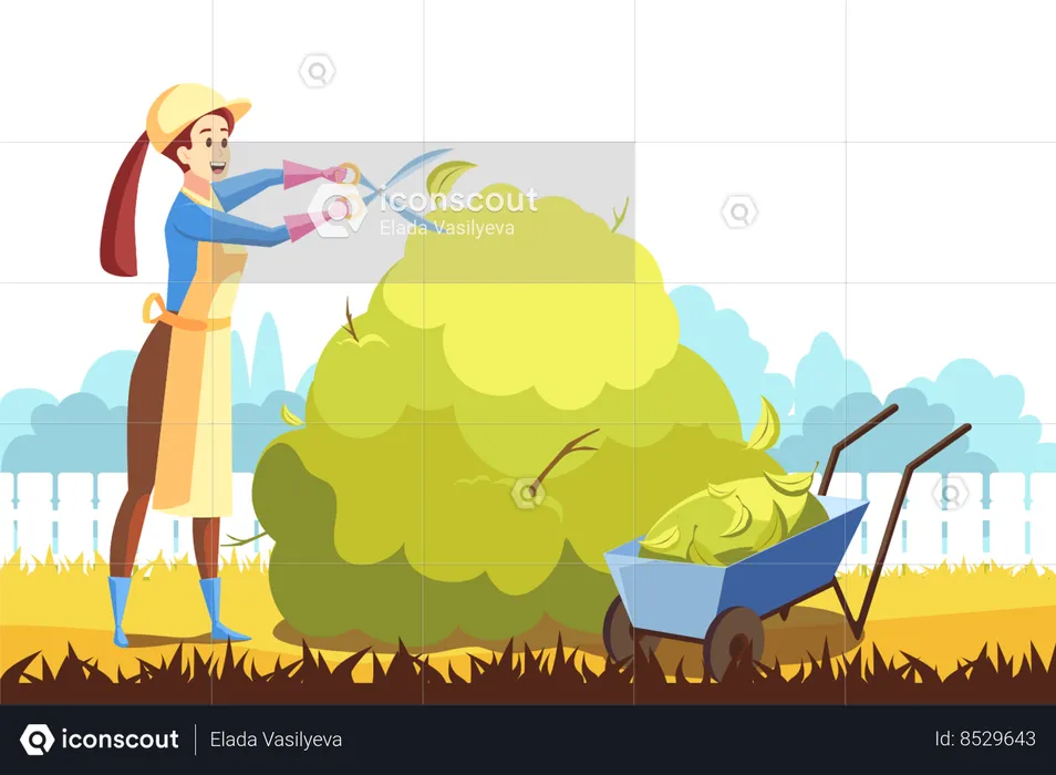 Joven agricultora trabajando en el jardín  Ilustración