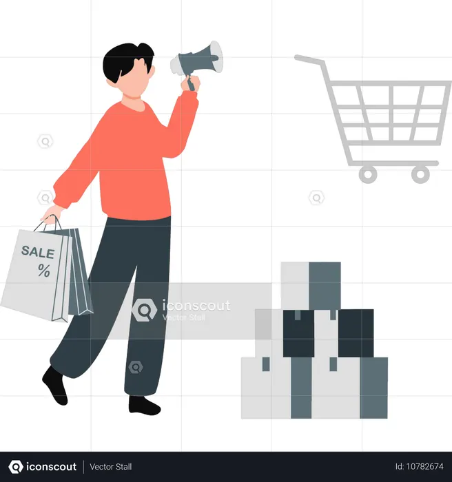 Joven haciendo marketing de compras en línea  Ilustración