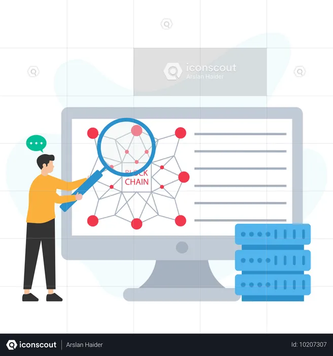 Joven haciendo investigación sobre blockchain  Ilustración