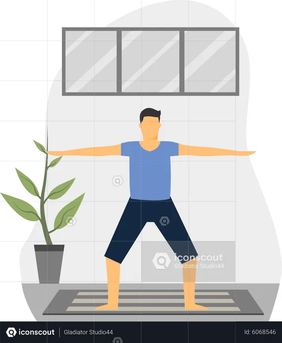 Joven haciendo trikonasana en la habitación  Ilustración