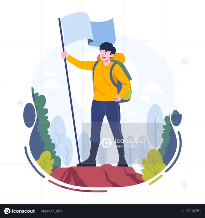 El joven levanta la bandera en la cima de la montaña.  Ilustración