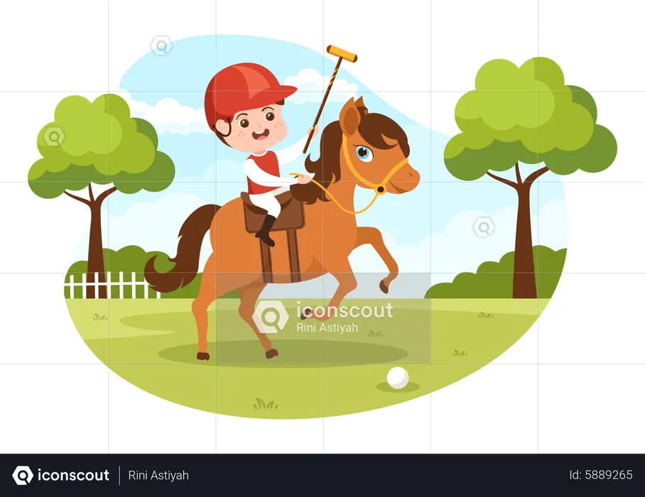 Joven jugador de polo montando pony  Ilustración