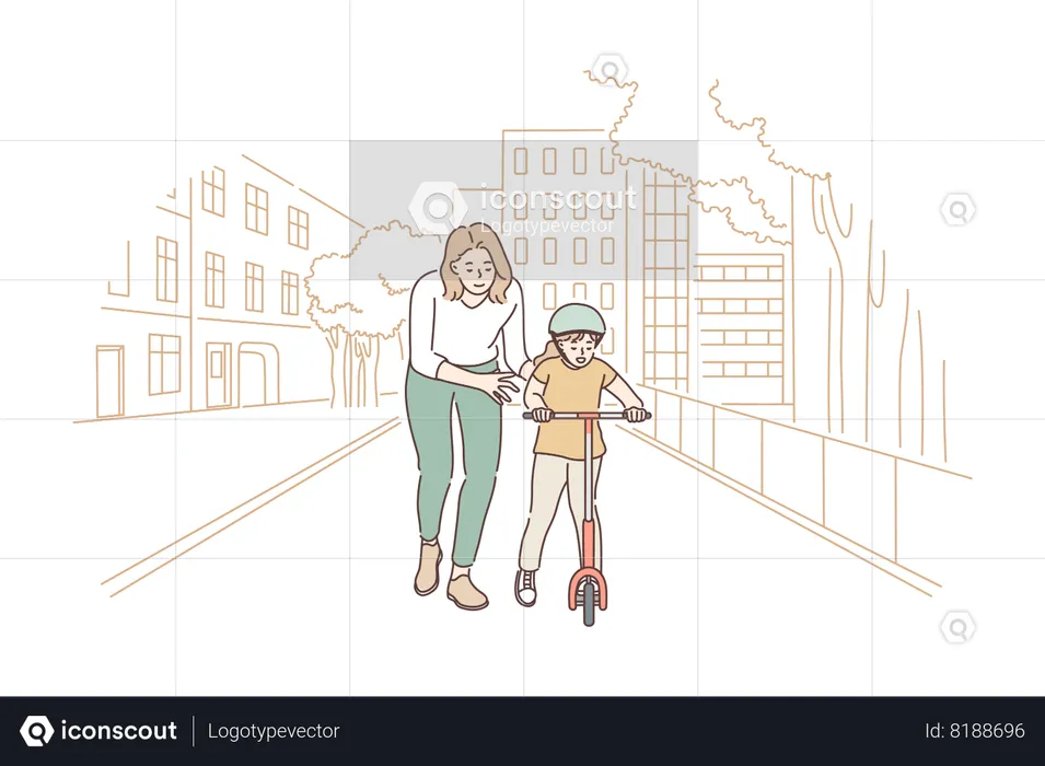 Joven madre enseñando a su hijo a andar en scooter  Ilustración