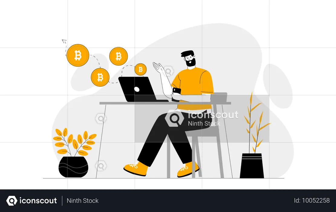 Joven mostrando el crecimiento de Bitcoin  Ilustración