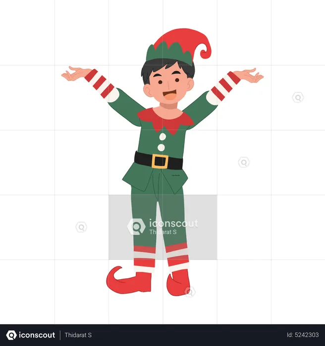 El joven duende navideño está mostrando algo  Ilustración