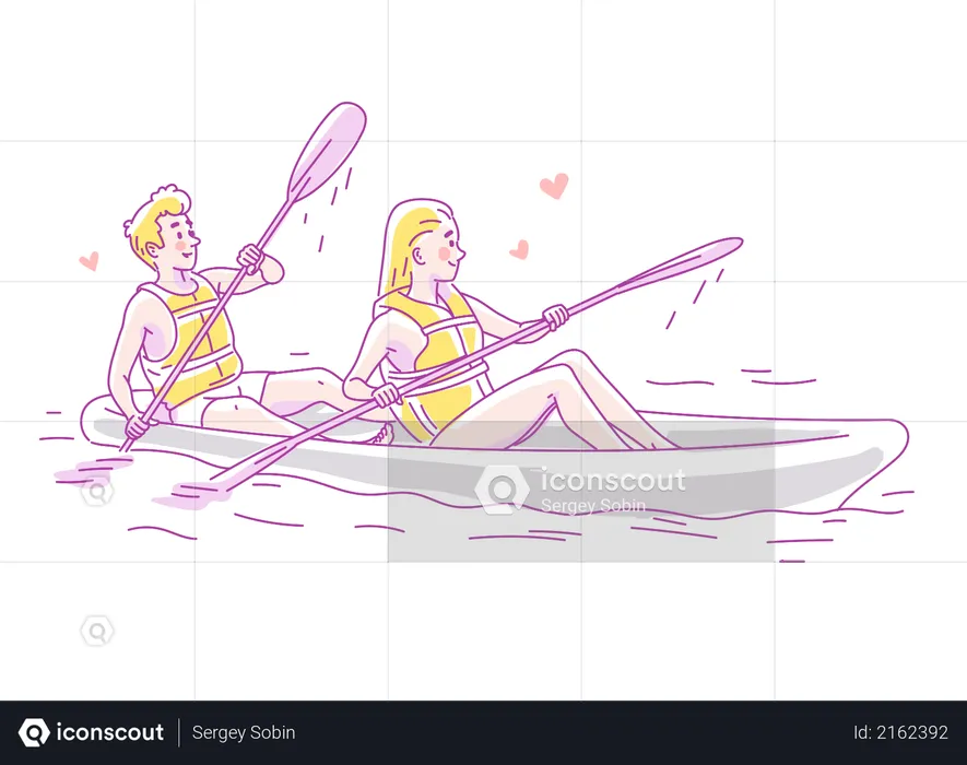 Una joven pareja enamorada viajando en un barco por el río.  Ilustración