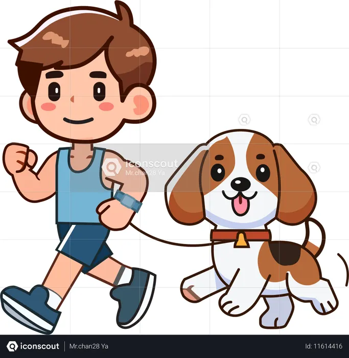 Un joven pasea a su lindo perro  Ilustración