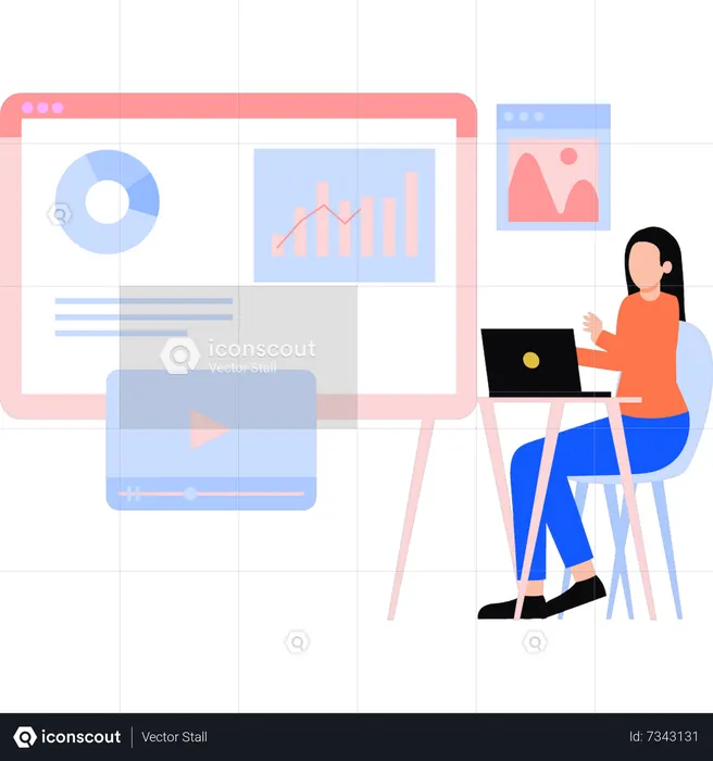 Un joven profesional está trabajando en un vídeo de negocios.  Ilustración