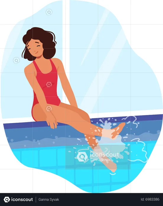 Una joven sonriente sentada en la espectacular piscina  Ilustración