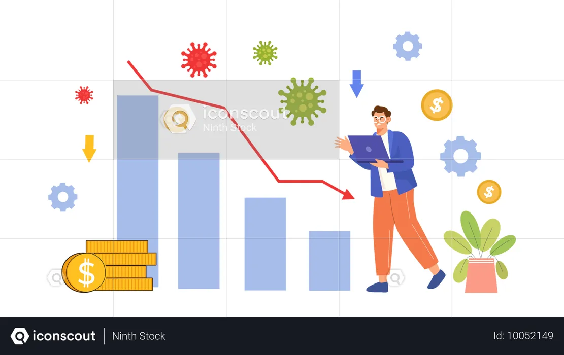 Joven sosteniendo una computadora portátil mientras muestra un informe económico sobre la pandemia  Ilustración