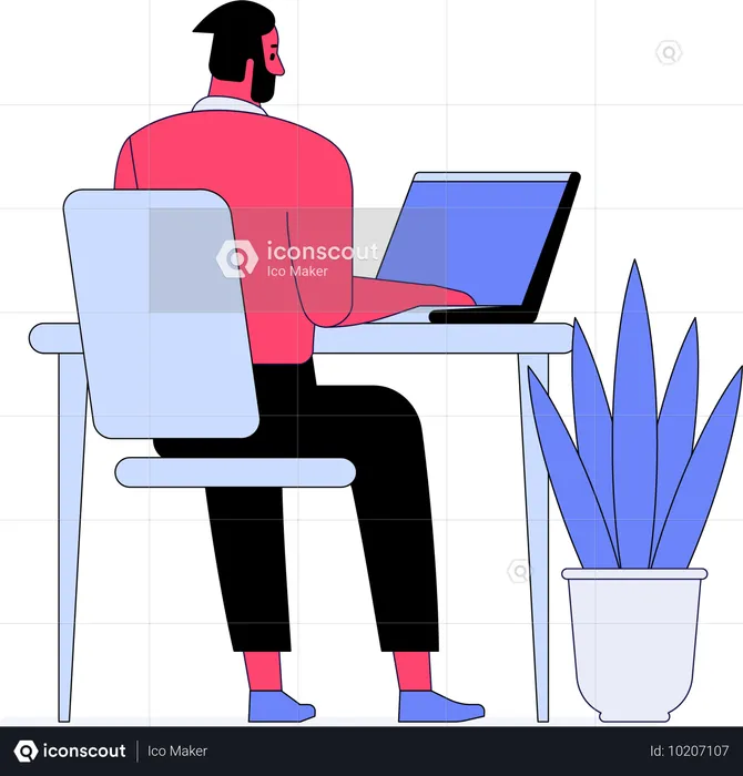 Joven trabajando en una computadora portátil en casa  Ilustración