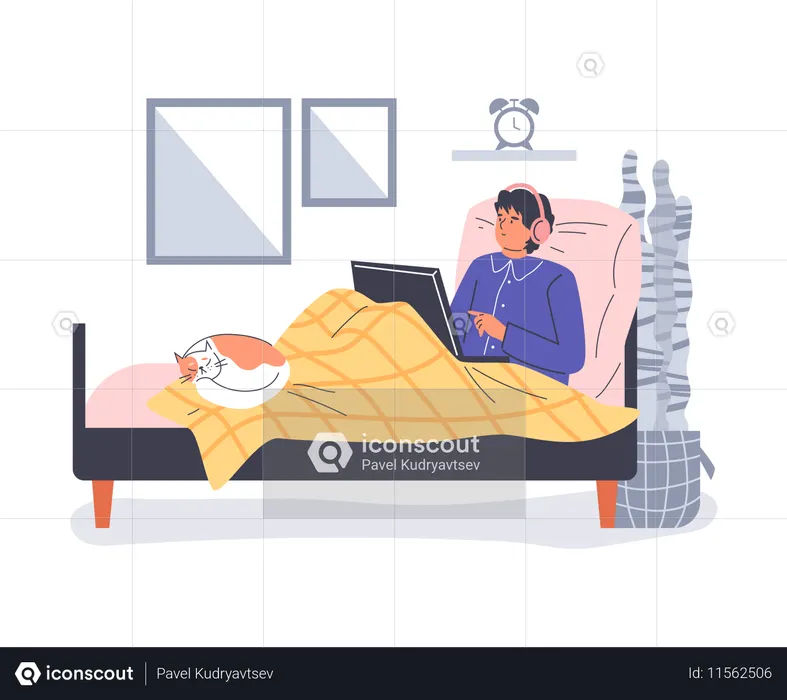 Joven trabajando en la cama  Ilustración
