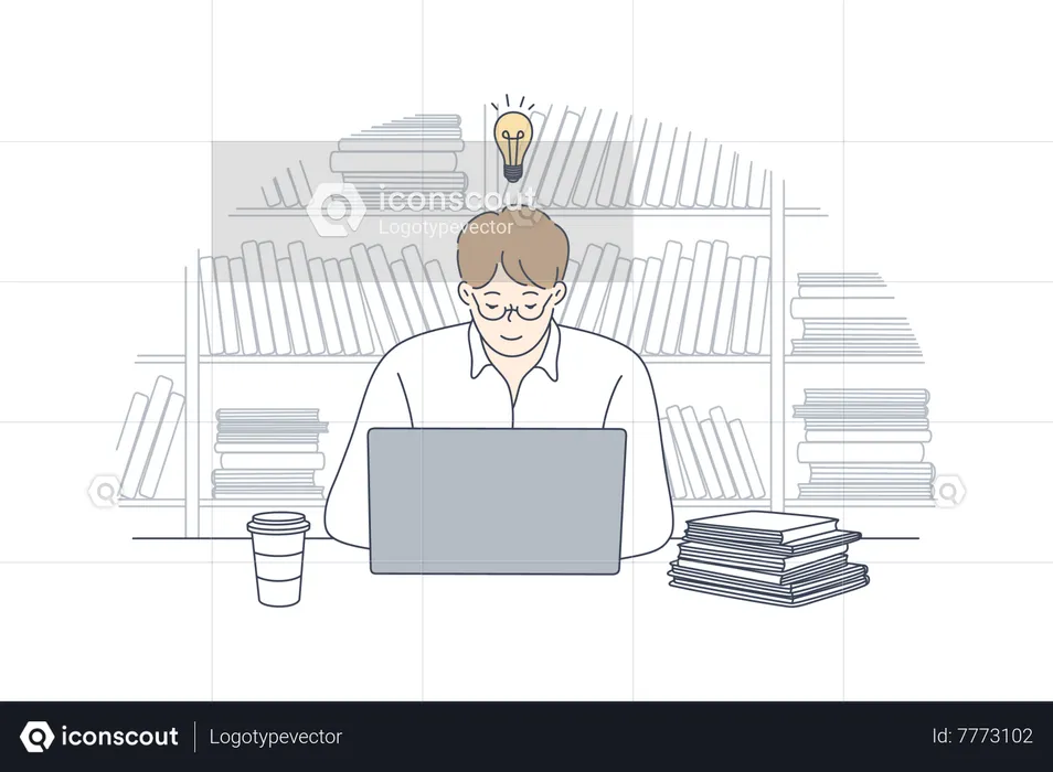 Joven trabajando en una computadora portátil mientras tiene una idea  Ilustración