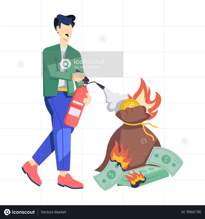 Joven usando extintor extinguiendo fuego de dinero  Ilustración