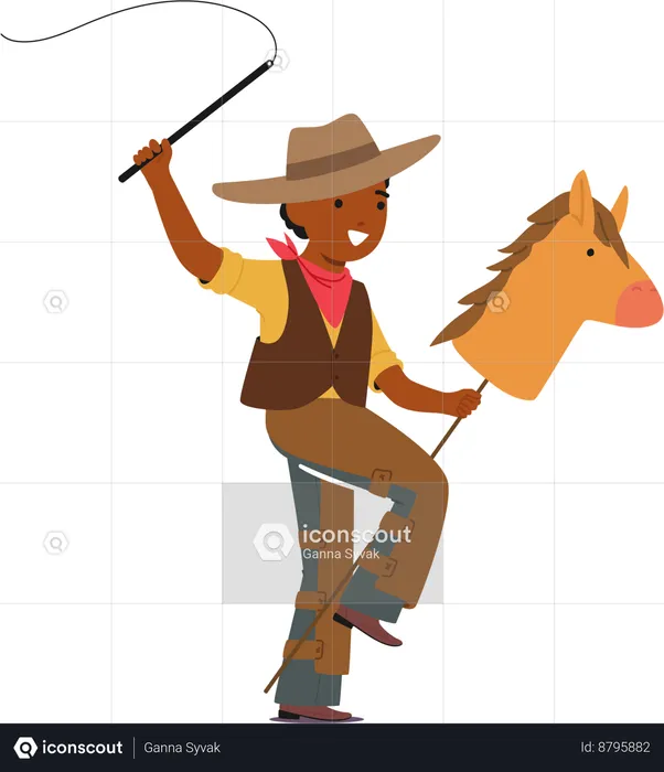 Joven vaquero con traje vibrante, caballo de madera, galopa con alegría ilimitada  Ilustración