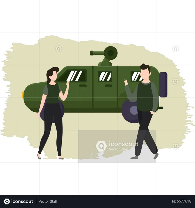 Hombre joven y mujer hablando en el campamento militar  Ilustración