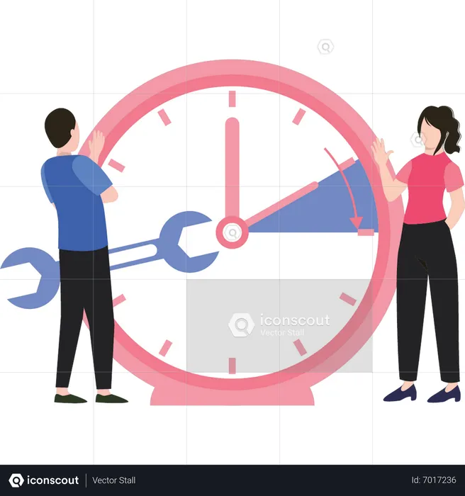 Hombre joven y mujer reparando el tiempo.  Ilustración