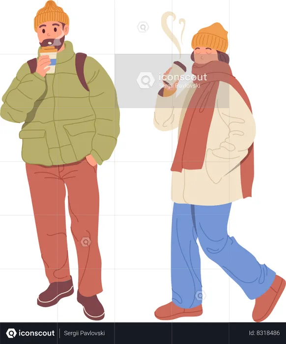 Hombre joven y mujer tomando café  Ilustración