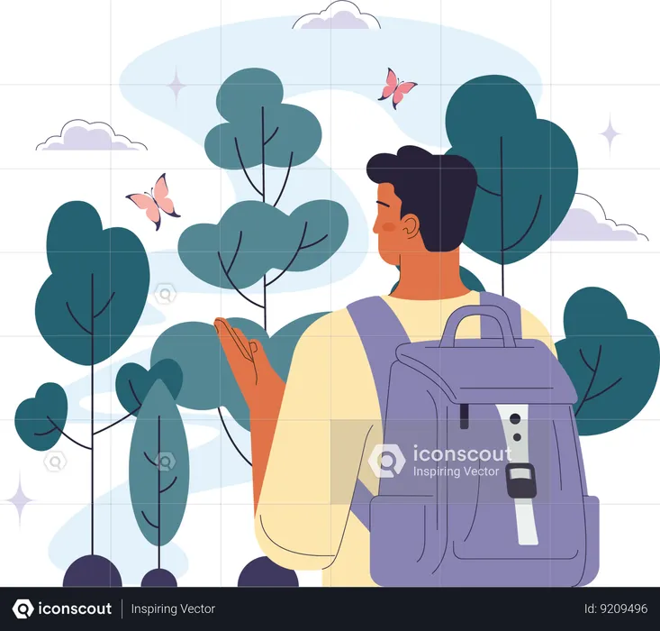 Joven yendo al aire libre con mochila  Ilustración