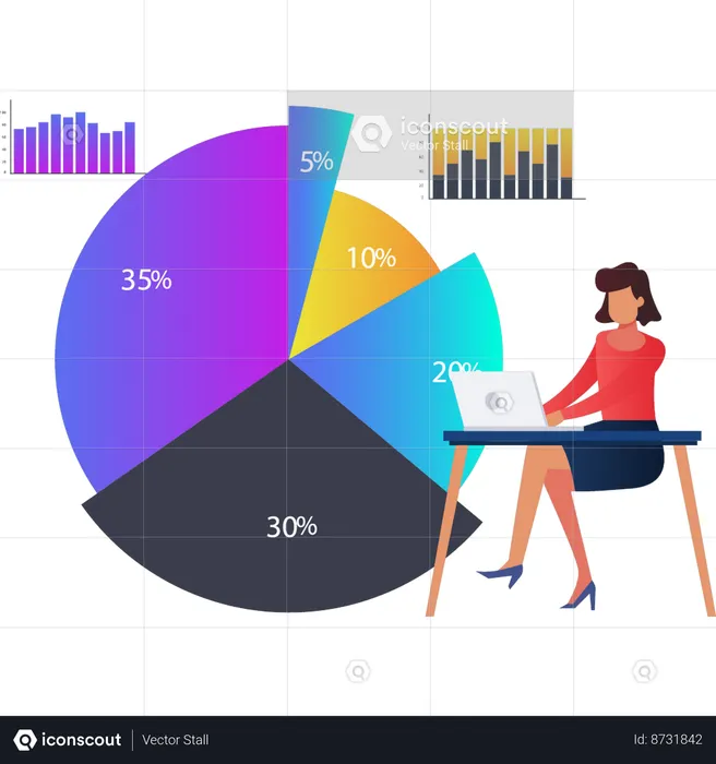 Señorita trabajando en un gráfico circular de negocios  Ilustración