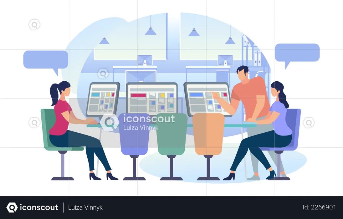 Jóvenes haciendo redes sociales en cibercafé  Ilustración