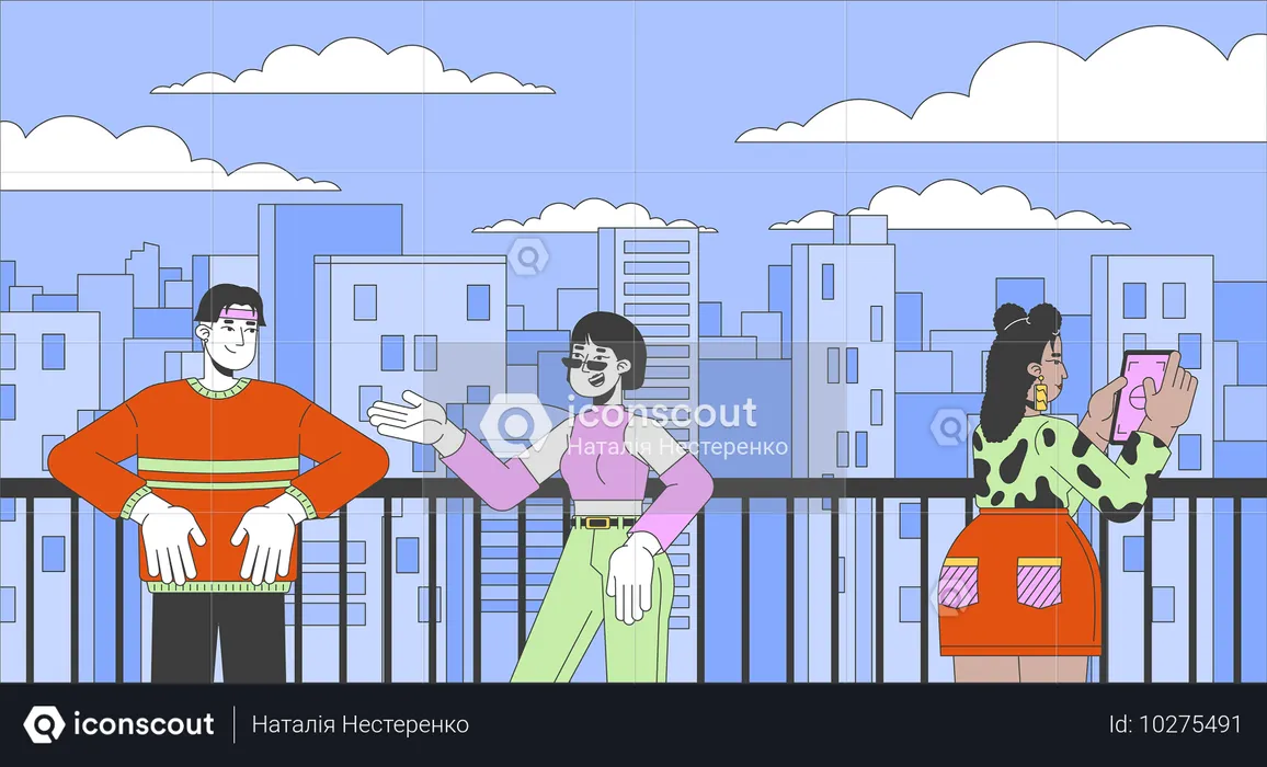 Jovens adultos descansando no deck de observação urbano  Ilustração