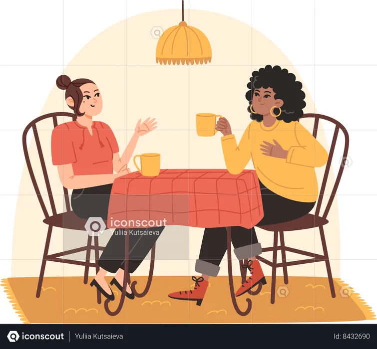 Mulheres jovens estão sentadas à mesa da cozinha e se divertindo conversando  Ilustração