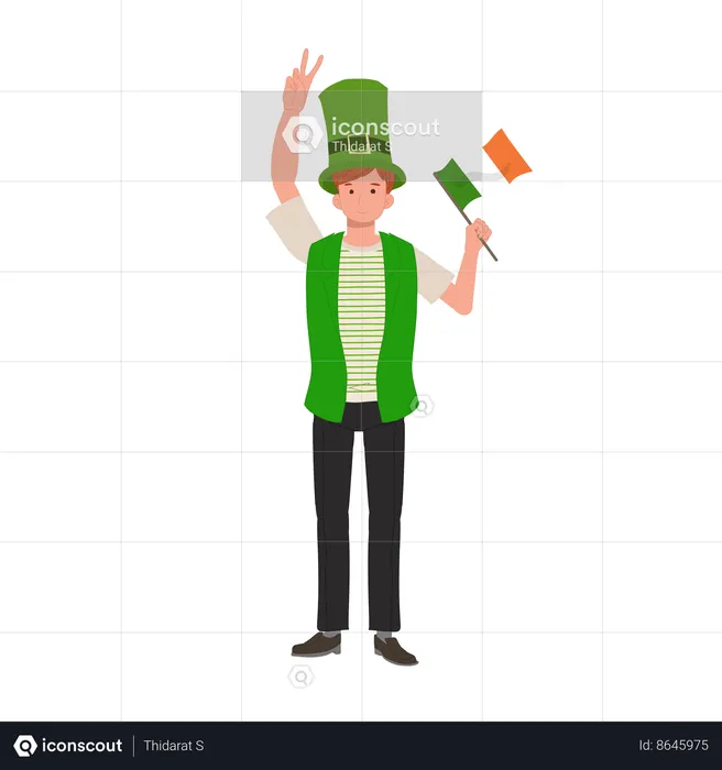 Jovial Man with Irish Flag in Green Outfit  Illustration
