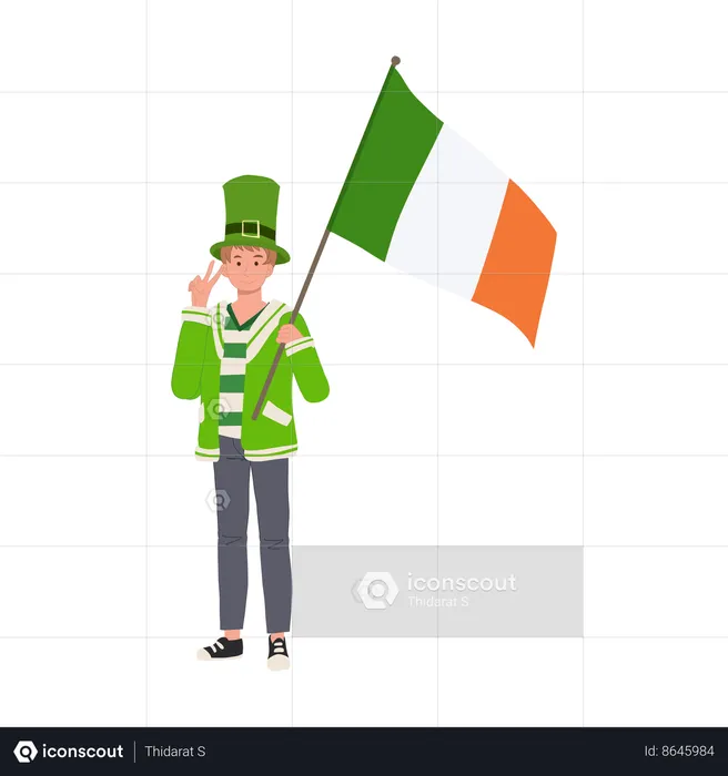 Jovial Man with Irish Flag in Green Outfit  Illustration