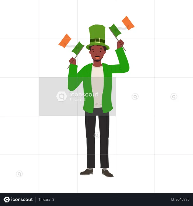 Jovial Man with Irish Flag in Green Outfit  Illustration