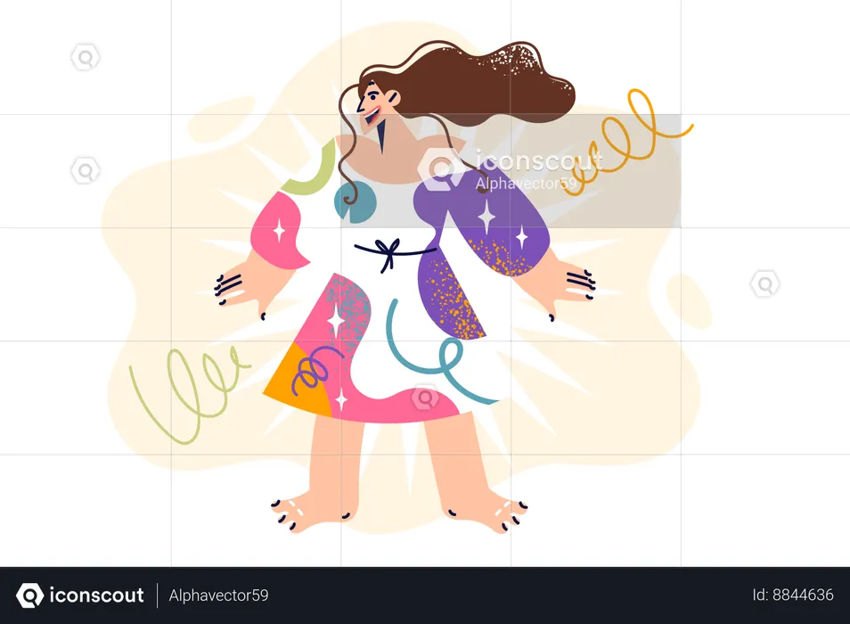 Joy woman in multi-colored dress smiles  Illustration
