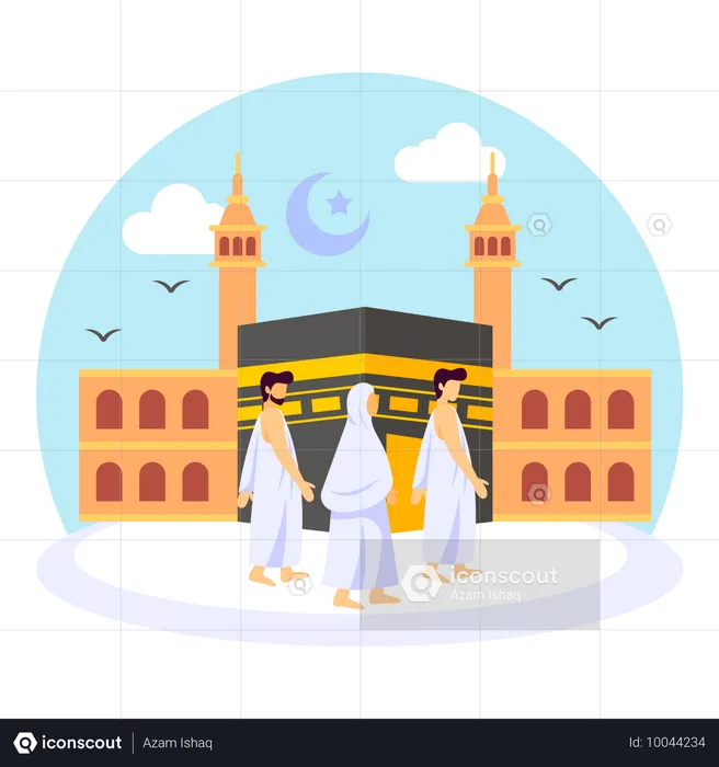 Une famille joyeuse entreprend la Omra et exécute le Tawaf  Illustration