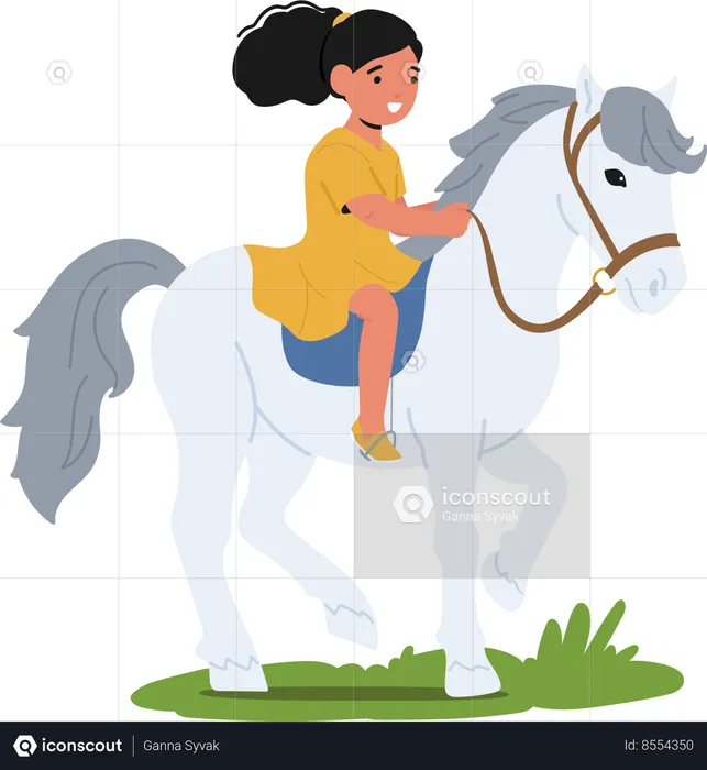 Une petite fille joyeuse monte joyeusement son cheval dans un champ d'été ensoleillé  Illustration