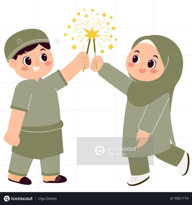 Joyeux enfants musulmans célébrant l'Aïd Moubarak avec un wok de feu  Illustration