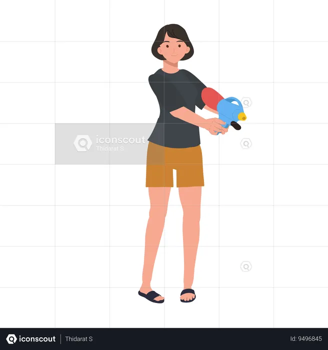 Joyful Asian Woman Enjoying Songkarn Festival Water Fight  Illustration