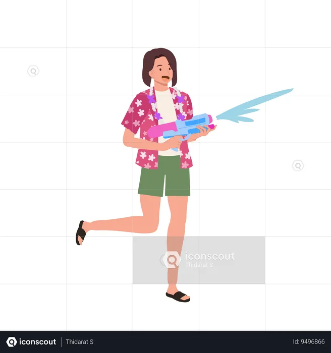 Joyful Asian Woman Enjoying Songkarn Festival Water Fight  Illustration