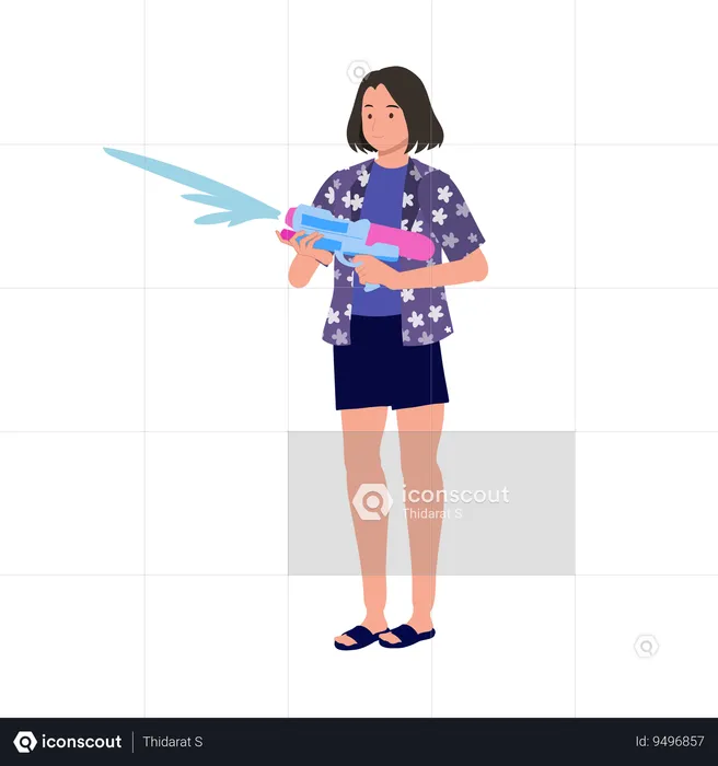 Joyful Asian Woman Enjoying Songkarn Festival Water Fight  Illustration