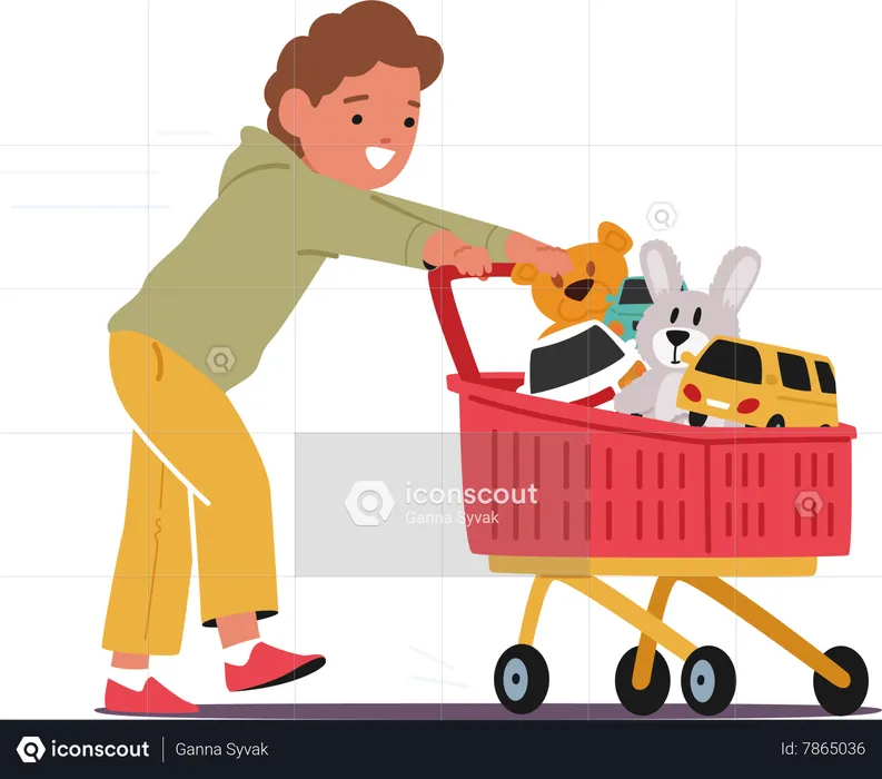 Joyful Boy Characters Pushing Supermarket Trolley Brimming With An Array Of Toys  Illustration