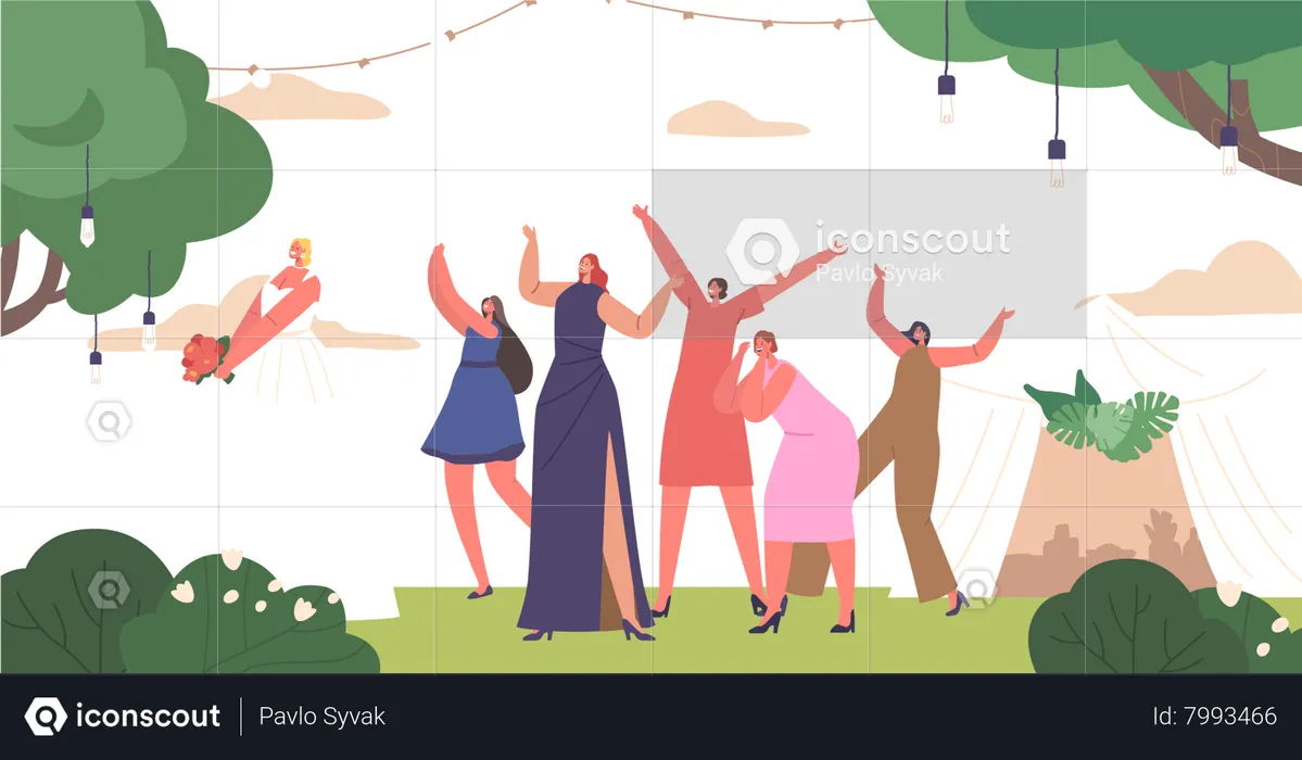Joyful Bride Character Playfully Tosses Her Bouquet To Single Friends  Illustration