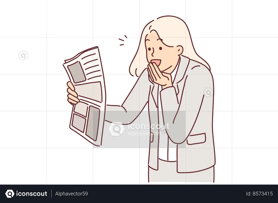 Joyful businesswoman with newspaper and surprised by good news  Illustration