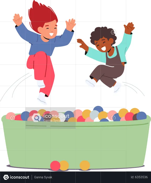 Joyful children playing in pool with colorful balls  Illustration
