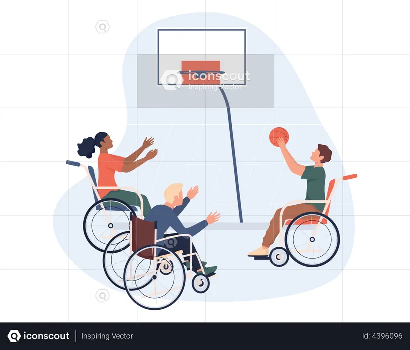 Joyful disabled people in wheelchair playing basketball  Illustration