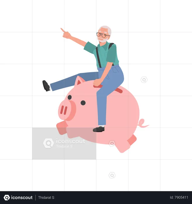 Joyful Elderly man Riding Piggy Bank  Illustration
