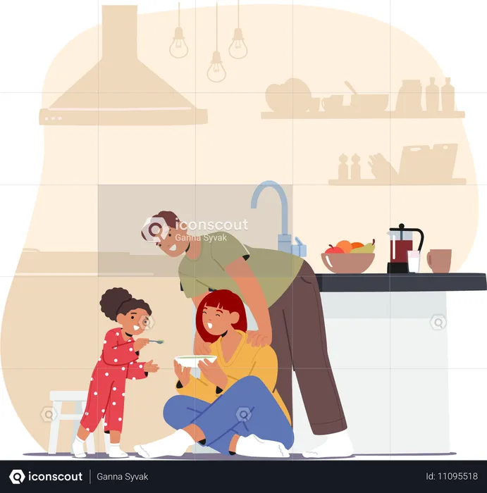 Joyful Family with Their Little Child Share Laughter In Kitchen  Illustration